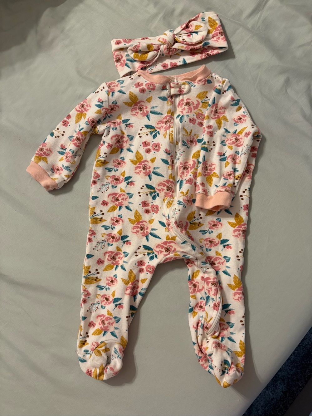 chick pea Floral Zip Footed One-Piece with Headband - Pink, Yellow, Teal